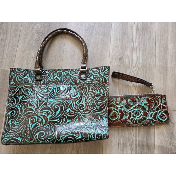 Patricia Nash Navelli Leather Tote Wristlet Set Brown & Turquoise Tooled Leather - Picture 4 of 16